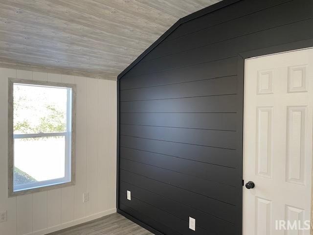 empty room featuring vaulted ceiling, light wood-type flooring, a healthy amount of sunlight, and wood walls