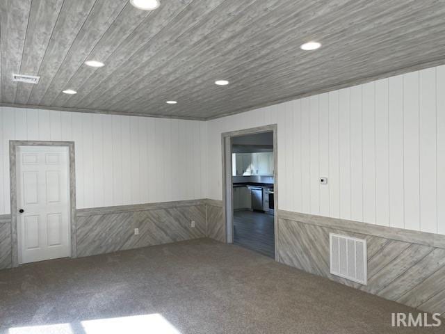 empty room featuring wood walls and carpet floors