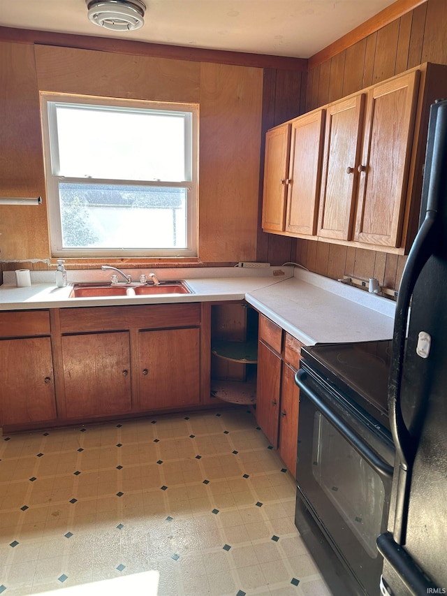 kitchen with wood walls, black appliances, and sink