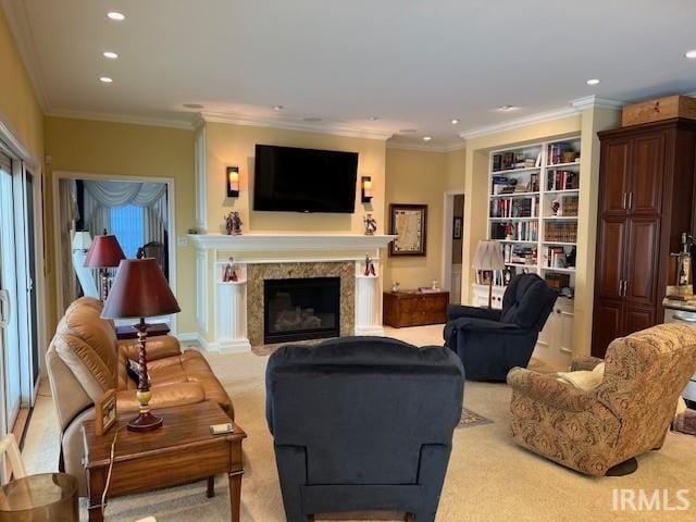 carpeted living room featuring ornamental molding