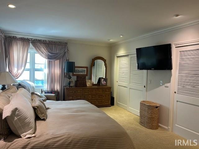 carpeted bedroom featuring crown molding and a closet