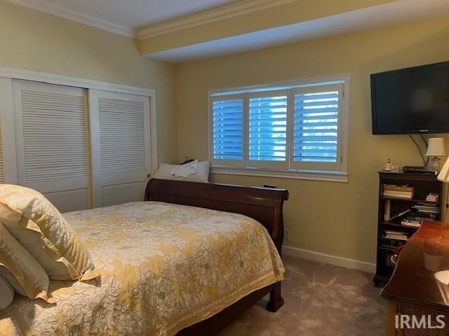 bedroom with crown molding, carpet floors, and a closet