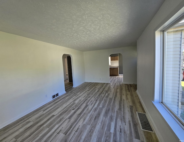 spare room with hardwood / wood-style floors, a textured ceiling, and plenty of natural light