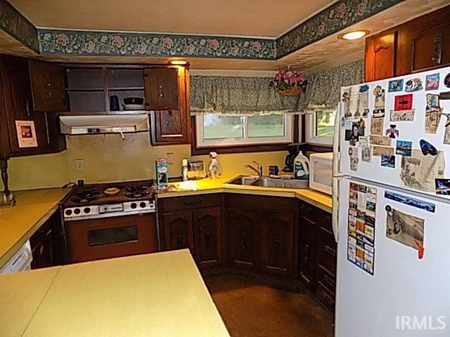 kitchen featuring white appliances, dark brown cabinetry, exhaust hood, and sink