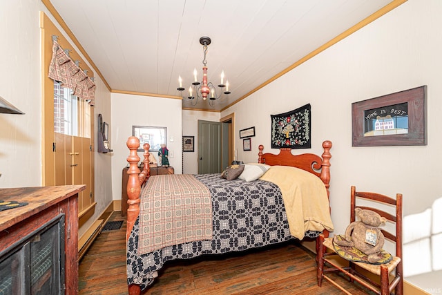 bedroom with dark wood-type flooring, crown molding, and an inviting chandelier