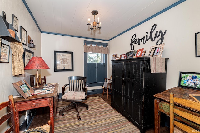 interior space featuring a chandelier, crown molding, and wood-type flooring