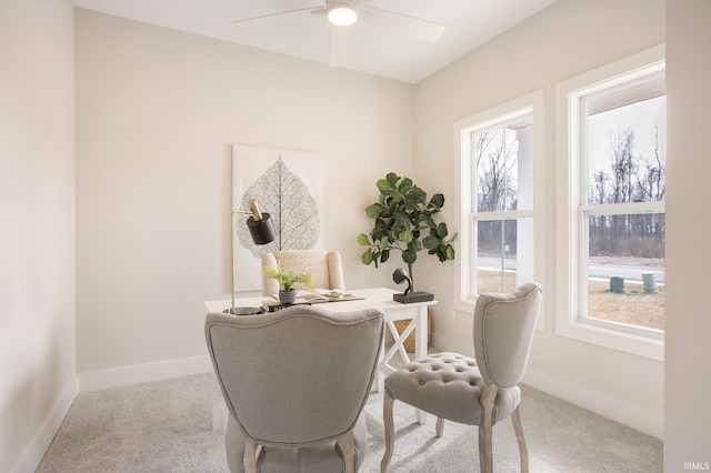 carpeted office space featuring a healthy amount of sunlight and ceiling fan