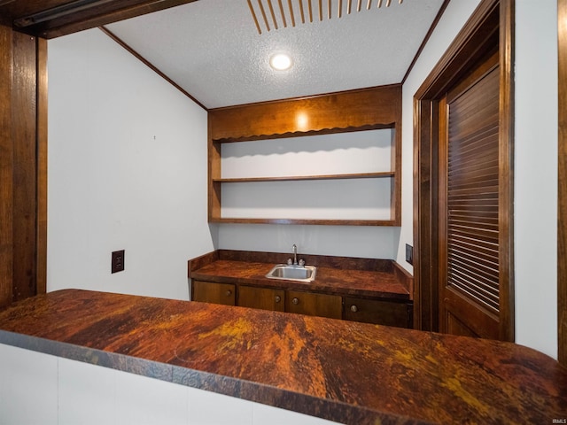 bar featuring crown molding, a textured ceiling, and sink