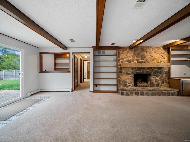 unfurnished living room with beam ceiling, a textured ceiling, a baseboard radiator, and light colored carpet