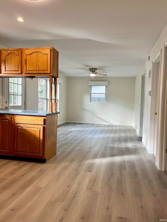 kitchen featuring kitchen peninsula, light wood-type flooring, and ceiling fan