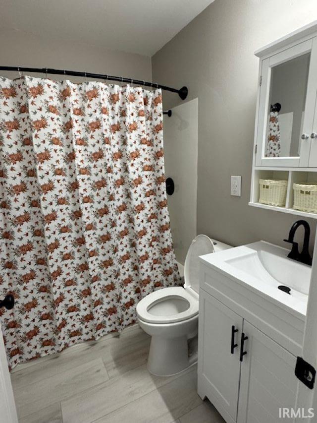 bathroom with toilet, vanity, and a shower with shower curtain