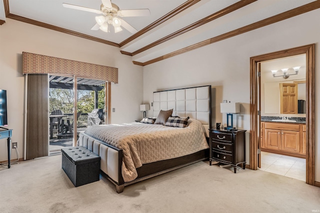 bedroom with light carpet, ceiling fan, access to exterior, connected bathroom, and crown molding