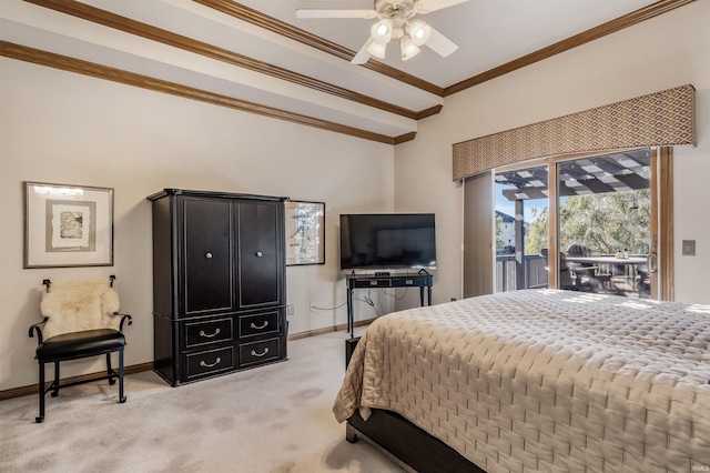 carpeted bedroom featuring ornamental molding, access to exterior, and ceiling fan