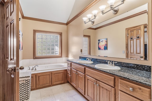 bathroom featuring vanity, vaulted ceiling, a bathtub, crown molding, and tile patterned flooring