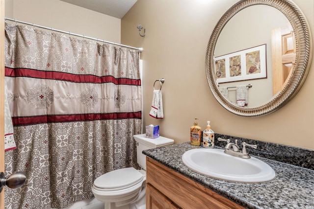 bathroom featuring vanity, a shower with shower curtain, and toilet