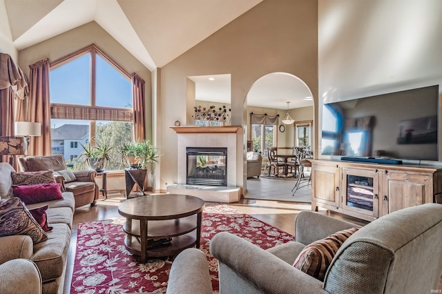 living room with a fireplace, high vaulted ceiling, and light hardwood / wood-style floors