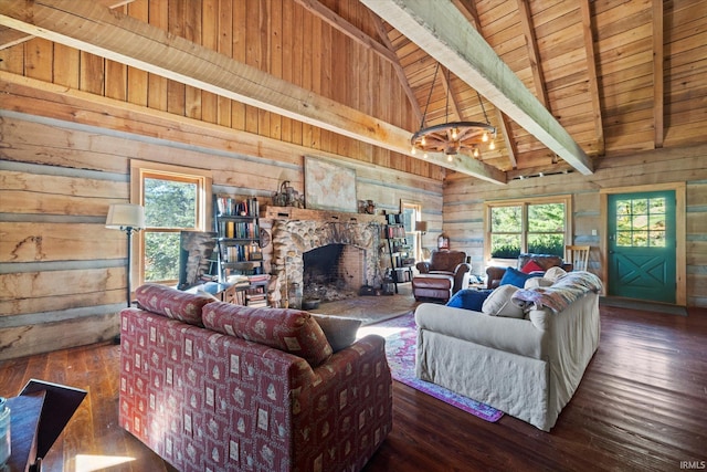 living room with wood ceiling, a fireplace, a healthy amount of sunlight, and dark hardwood / wood-style flooring