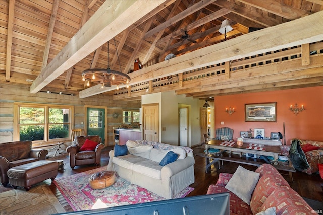 living room with dark wood-type flooring, wood ceiling, wood walls, and beamed ceiling