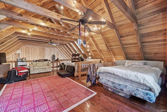 bedroom with wood ceiling, wood walls, lofted ceiling with beams, and dark wood-type flooring