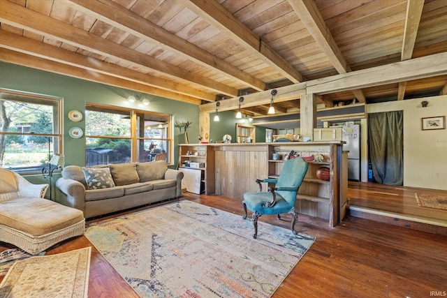 living room featuring beam ceiling, wood-type flooring, and wooden ceiling