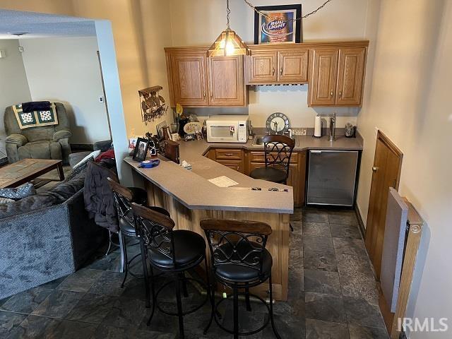 720 Ln 800 Snow Lk, Fremont, IN 46737 - bar area with stone tile floors, white microwave, dishwasher, hanging light fixtures, and radiator