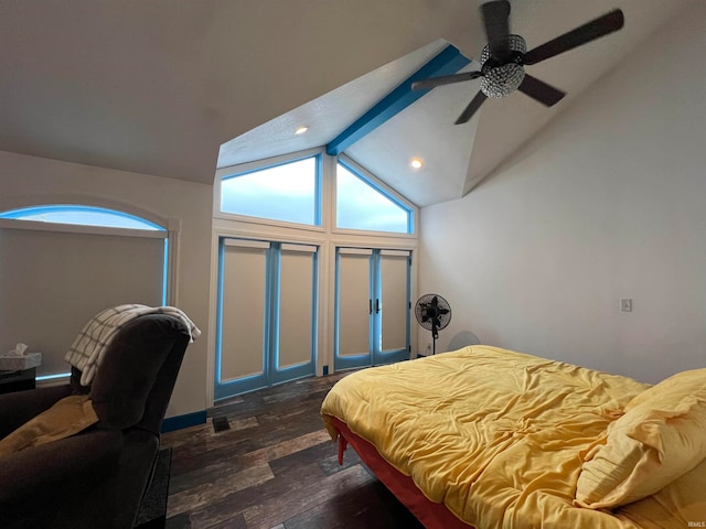 bedroom with dark hardwood / wood-style flooring, lofted ceiling with beams, and ceiling fan