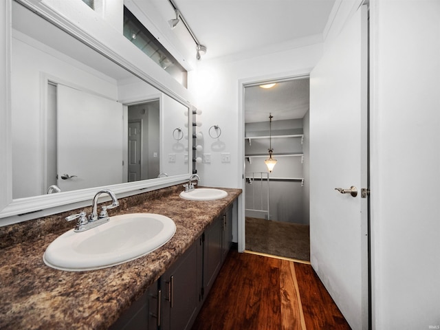 bathroom featuring vanity and hardwood / wood-style flooring