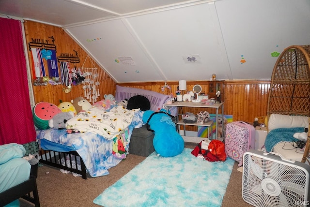 bedroom featuring wood walls, carpet flooring, and vaulted ceiling