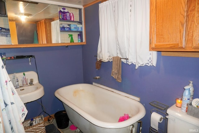 bathroom with toilet, sink, and a washtub