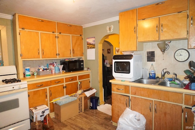 kitchen with white range with gas stovetop, ornamental molding, sink, and wood-type flooring