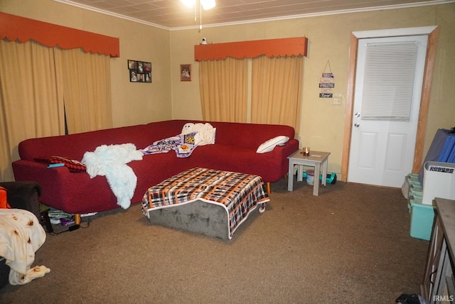 bedroom with carpet flooring and ornamental molding