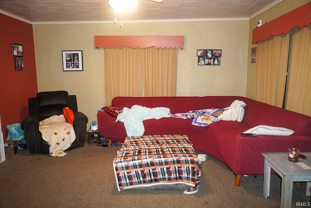 bedroom featuring crown molding and carpet floors