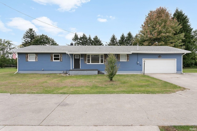 single story home featuring a front yard and a garage