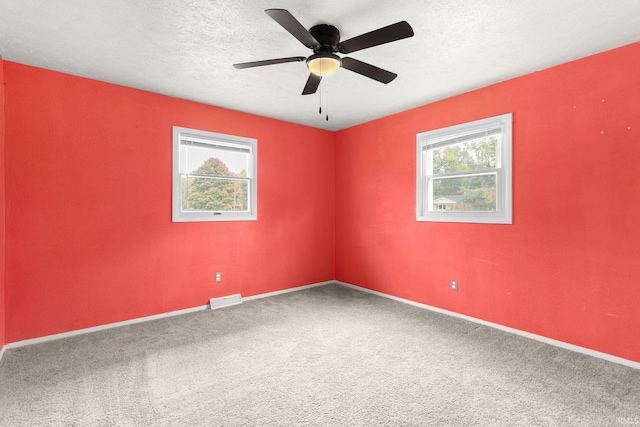 spare room featuring a wealth of natural light, a textured ceiling, carpet floors, and ceiling fan