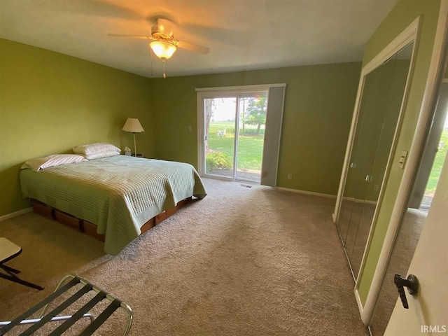 bedroom featuring ceiling fan, carpet flooring, and access to exterior