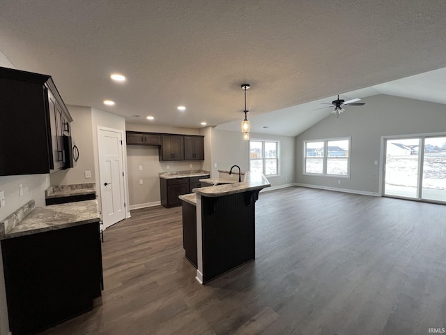 kitchen featuring light stone countertops, dark hardwood / wood-style floors, vaulted ceiling, and an island with sink