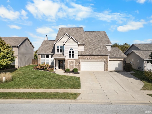 view of front facade with a front yard and a garage