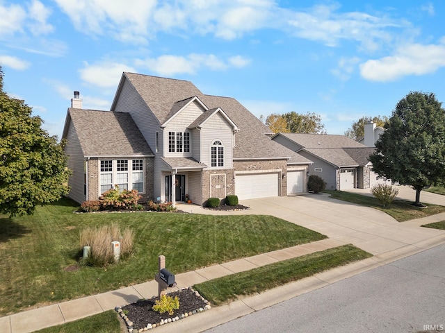 view of front of property with a front yard and a garage