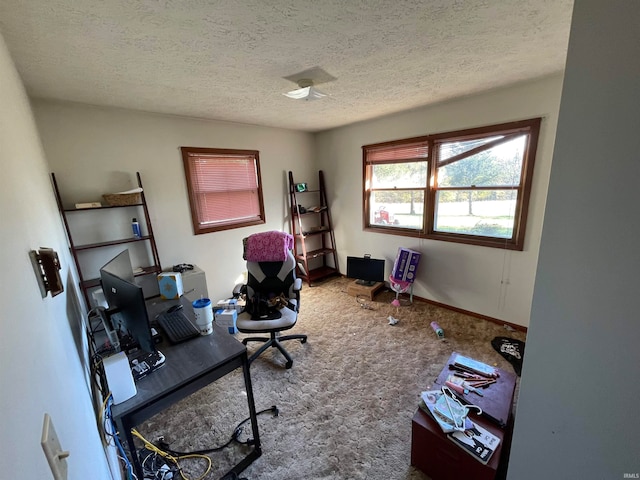 carpeted office featuring a textured ceiling