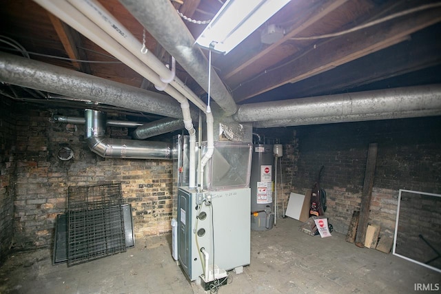 basement with heating unit and water heater