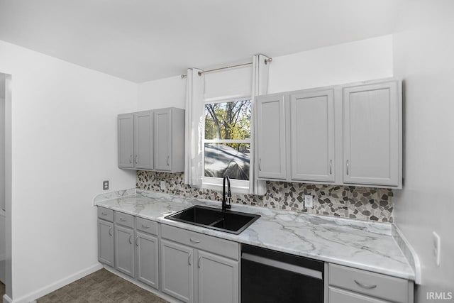 kitchen featuring backsplash, sink, stainless steel dishwasher, and gray cabinets