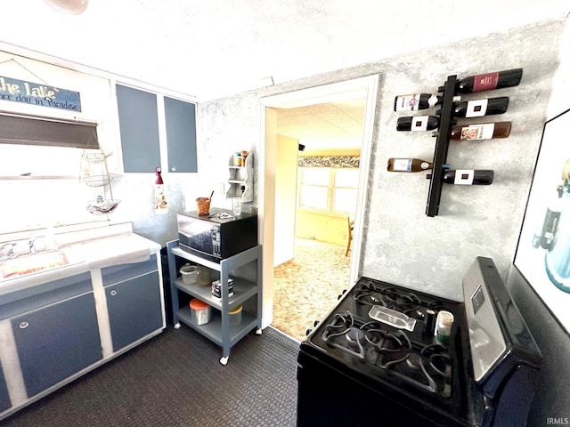 kitchen with blue cabinetry, black range with electric stovetop, and sink