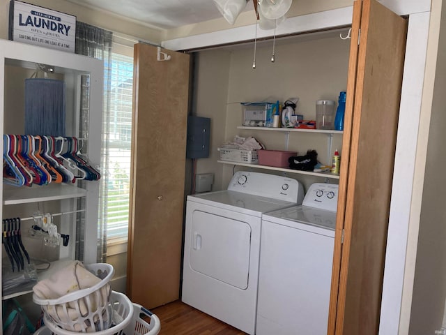 clothes washing area with hardwood / wood-style floors and washing machine and dryer