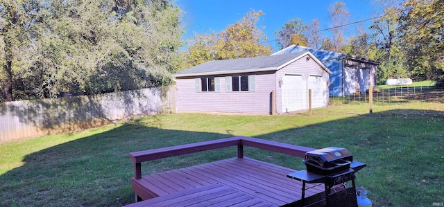 view of yard with a wooden deck and a shed