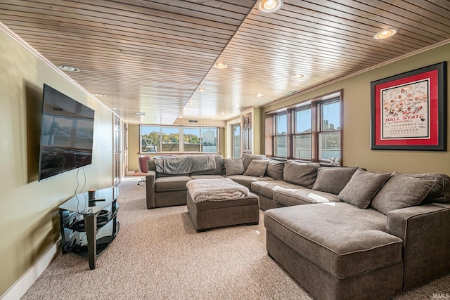 carpeted living room with crown molding, a healthy amount of sunlight, and wooden ceiling