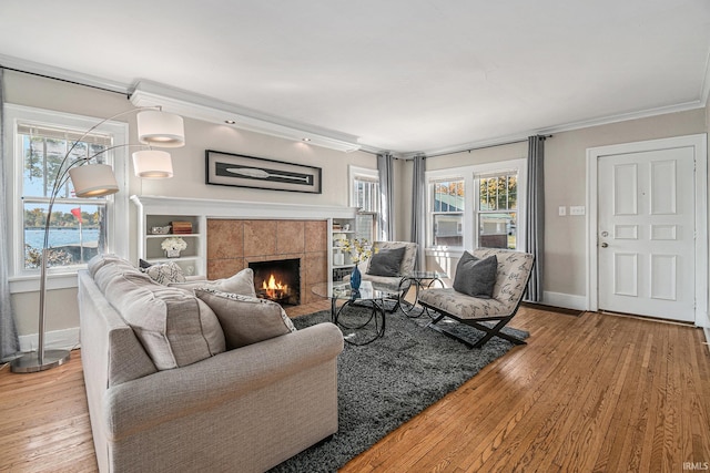 living room with crown molding, a fireplace, and wood-type flooring