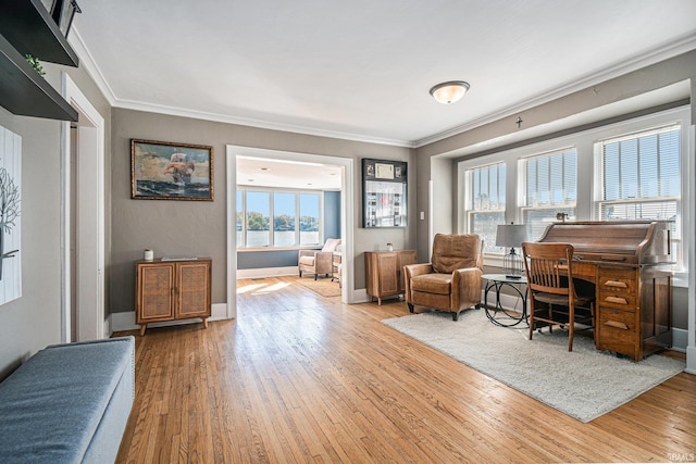 sitting room featuring light hardwood / wood-style floors and ornamental molding