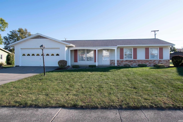 single story home with a garage and a front lawn