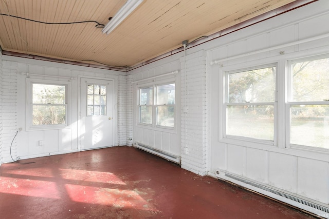 unfurnished sunroom featuring wooden ceiling and baseboard heating