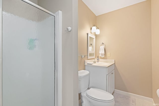 bathroom with vanity, a shower with shower door, toilet, and tile patterned floors